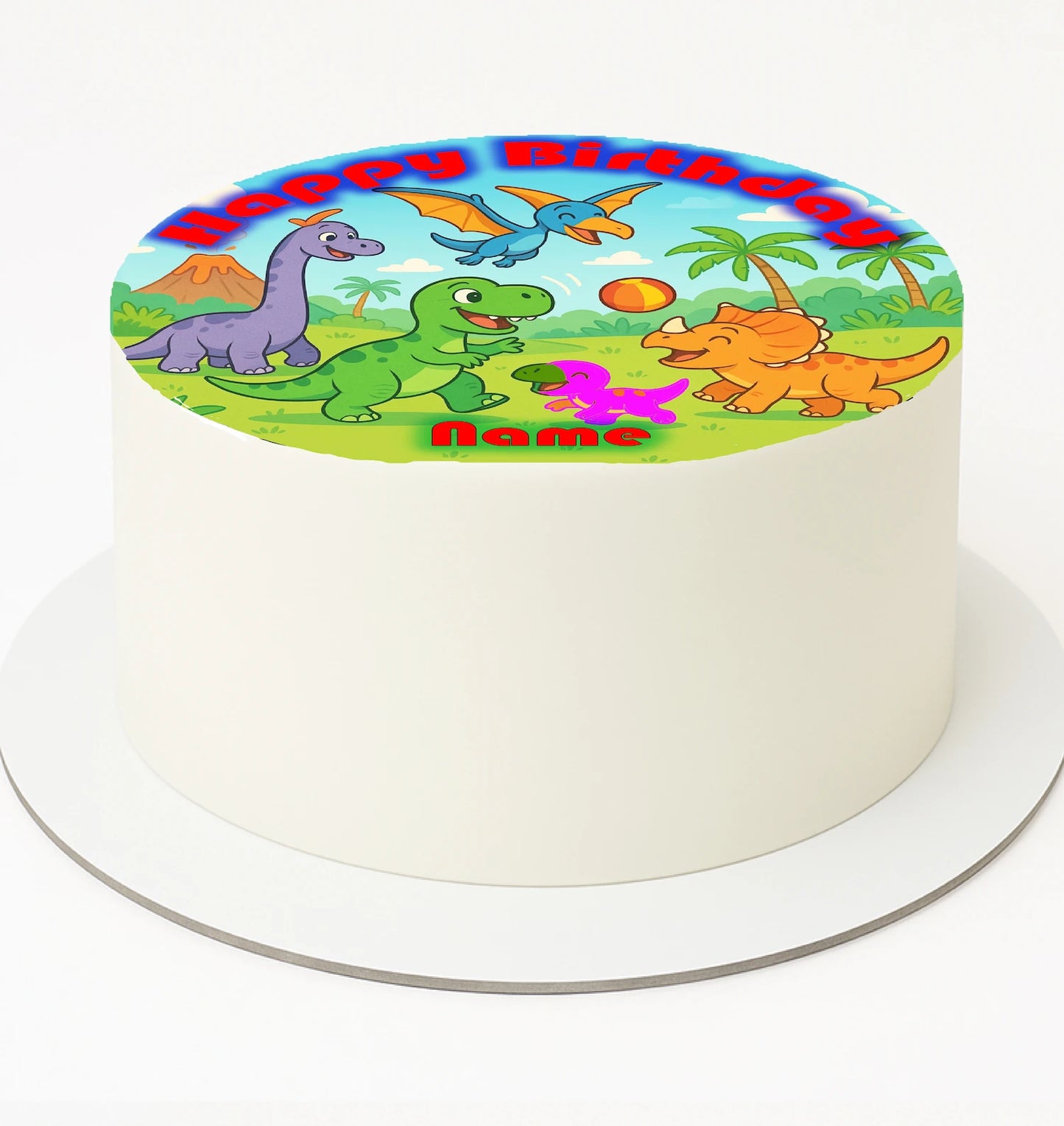 Round cake with dinosaur-themed edible icing image
