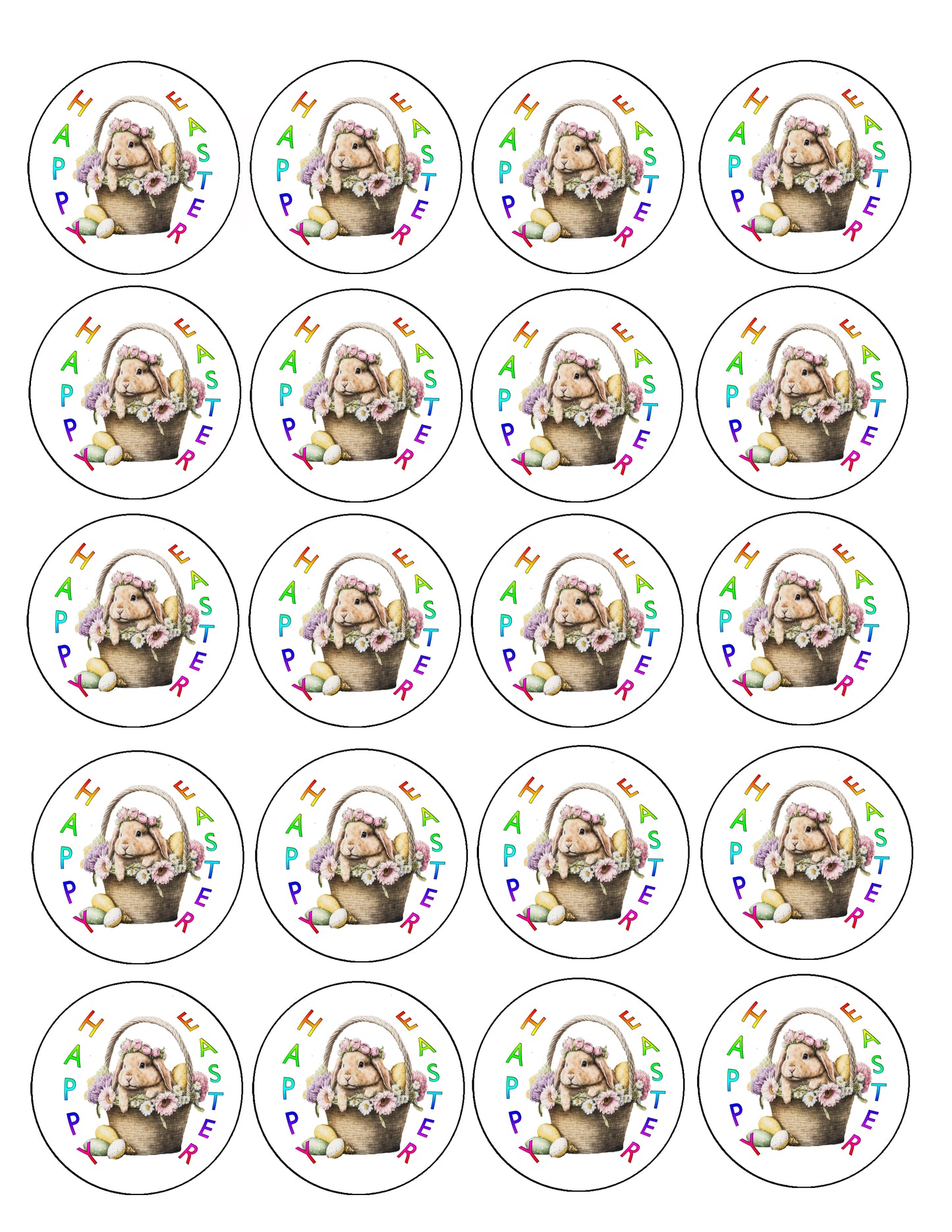 Set of 20 round Easter Easter Bunny Basket Edible Cookie Image – Precut 2” Rounds
