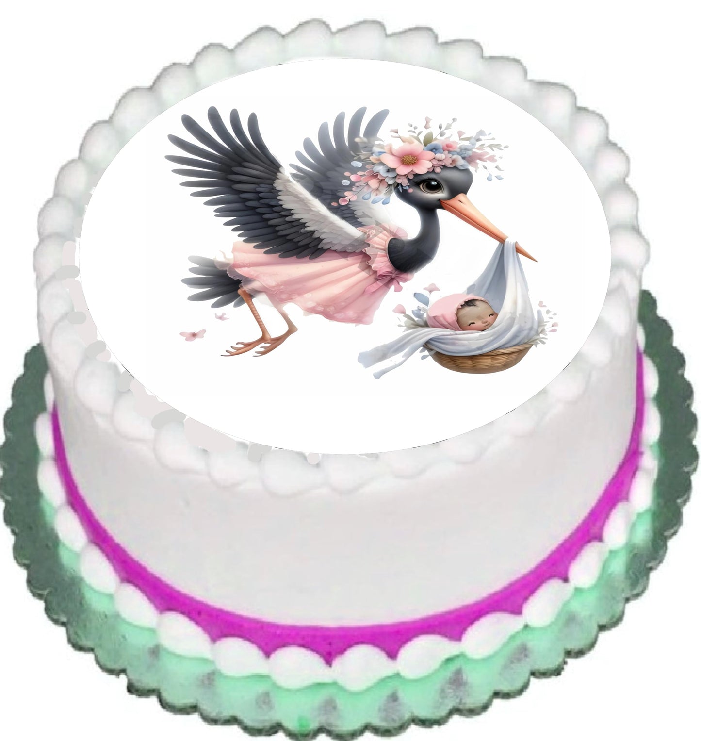 Edible Icing Images Stork baby Girl delivery Announcement Cake Topper