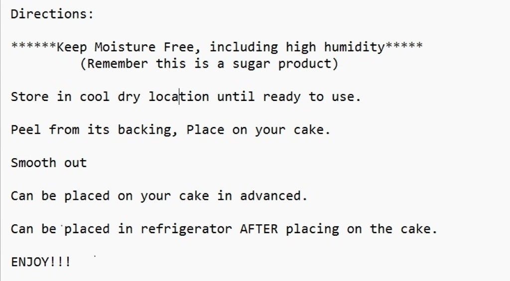 Text instructions for on how to place edible image on a cake