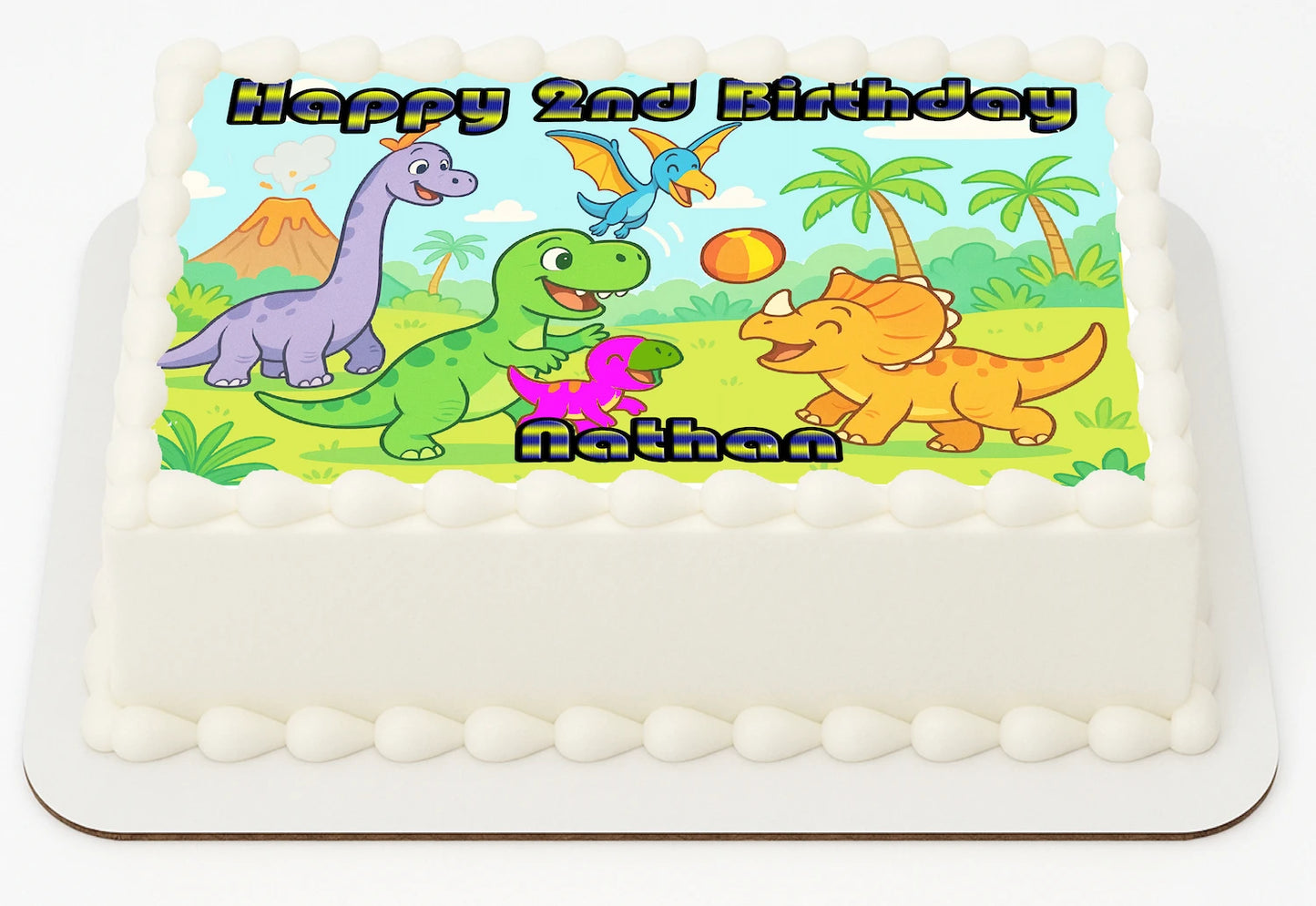 Dinosaurs at Play Edible Icinig Image Sheet Cake Topper with dinosaur design and Birthday & Name Personalized