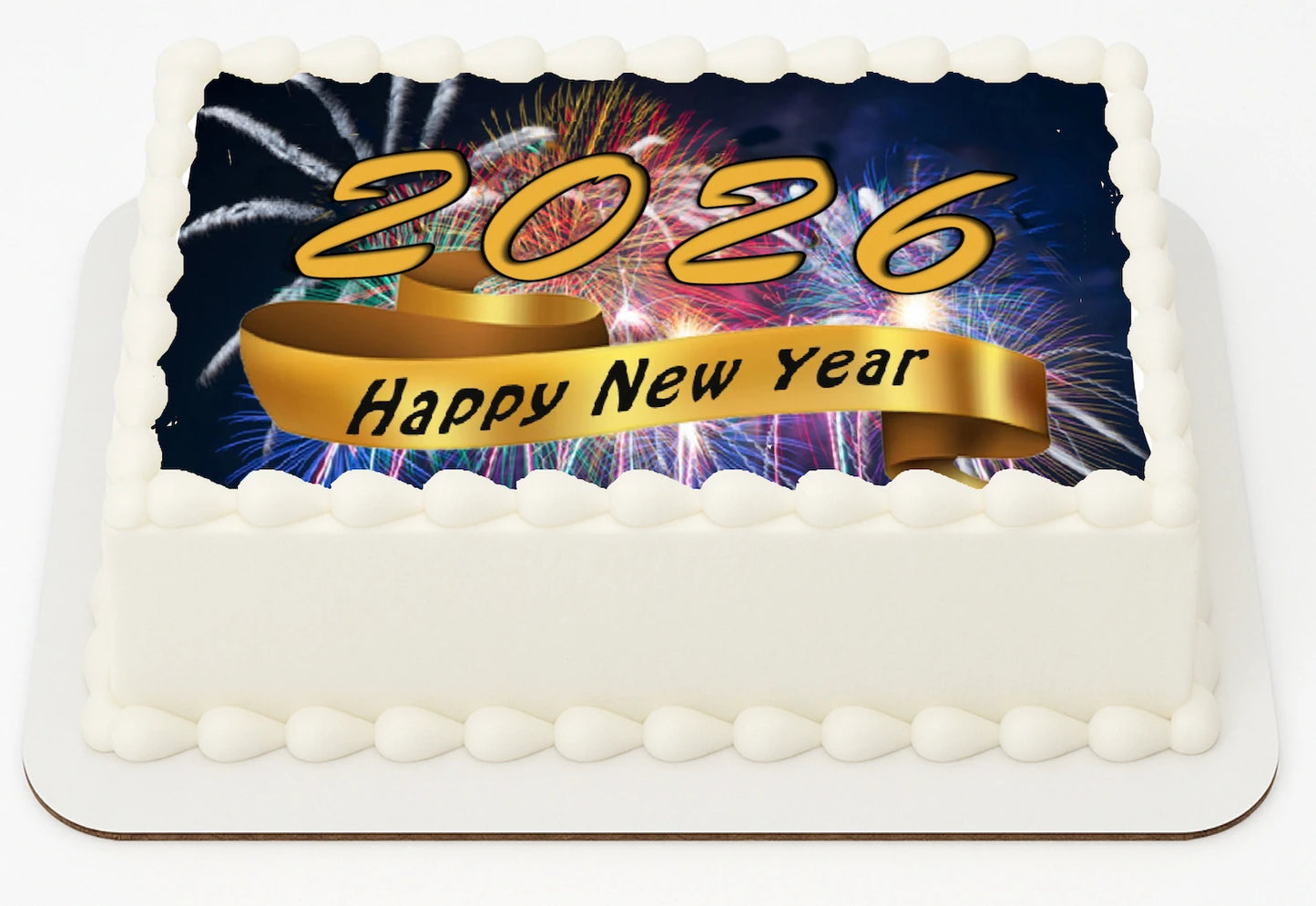 Edible Icing Images New Year Fireworks Ribbon Sheet Cake Topper