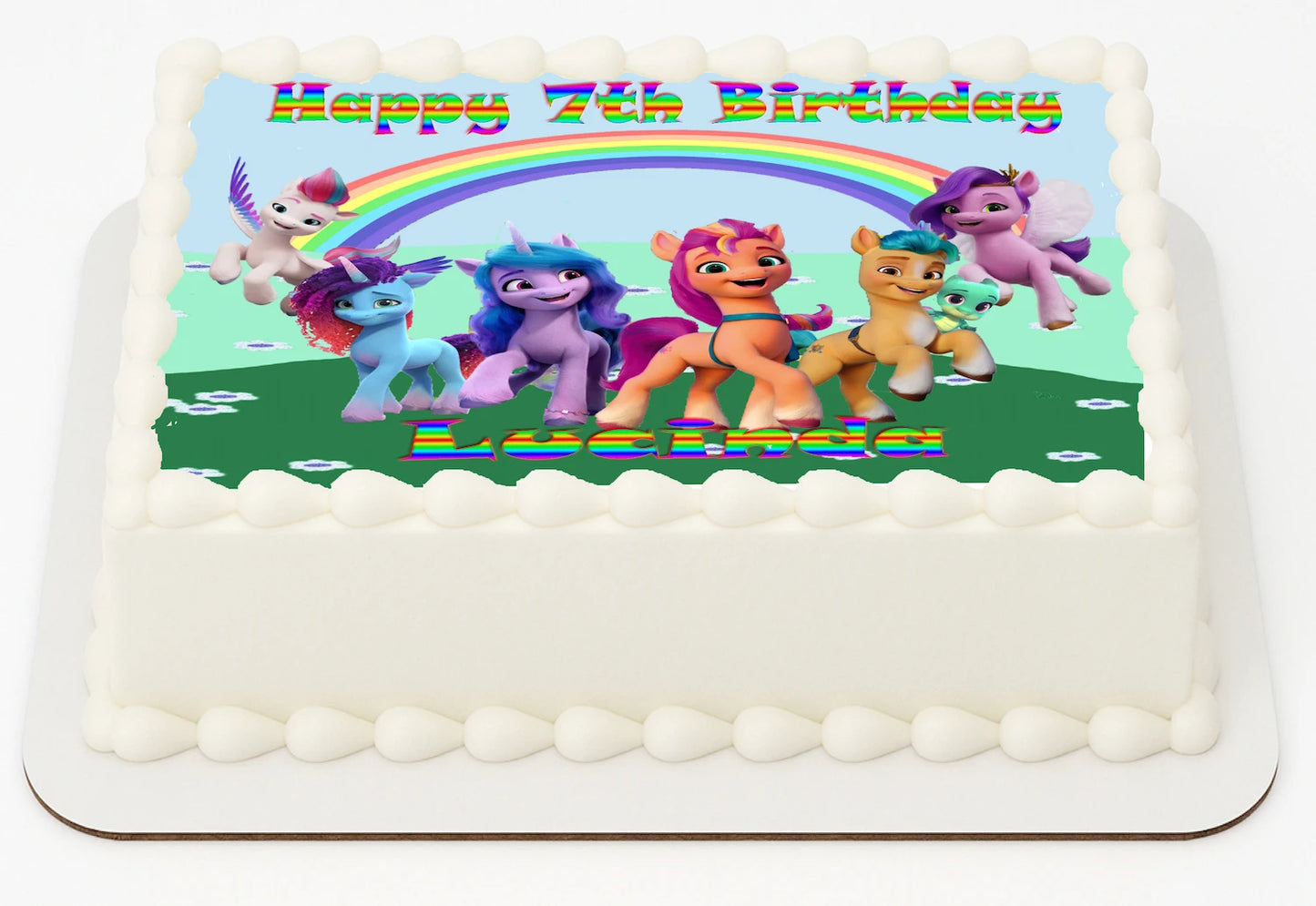 Edible Icing Images Sheet Cake Topper with Unicorn Little Pony-themed decoration featuring text personalized with name and age