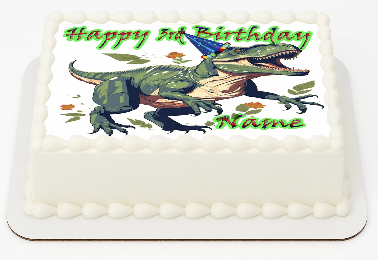 Edible Icing Images Sheet Cake Topper with 'Happy Birthday & Name' Personalized text T-Rex Dinosaur-themed.