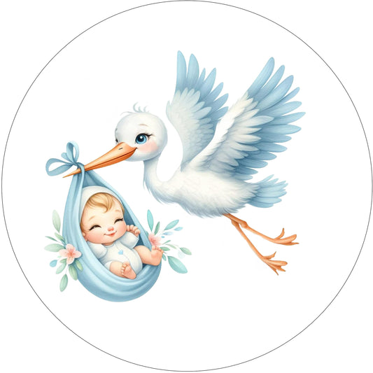 Edible Icing Images Cake Topper with Stork Baby Boy Arrival Baby Shower-Announcement-Gender Reveal Design