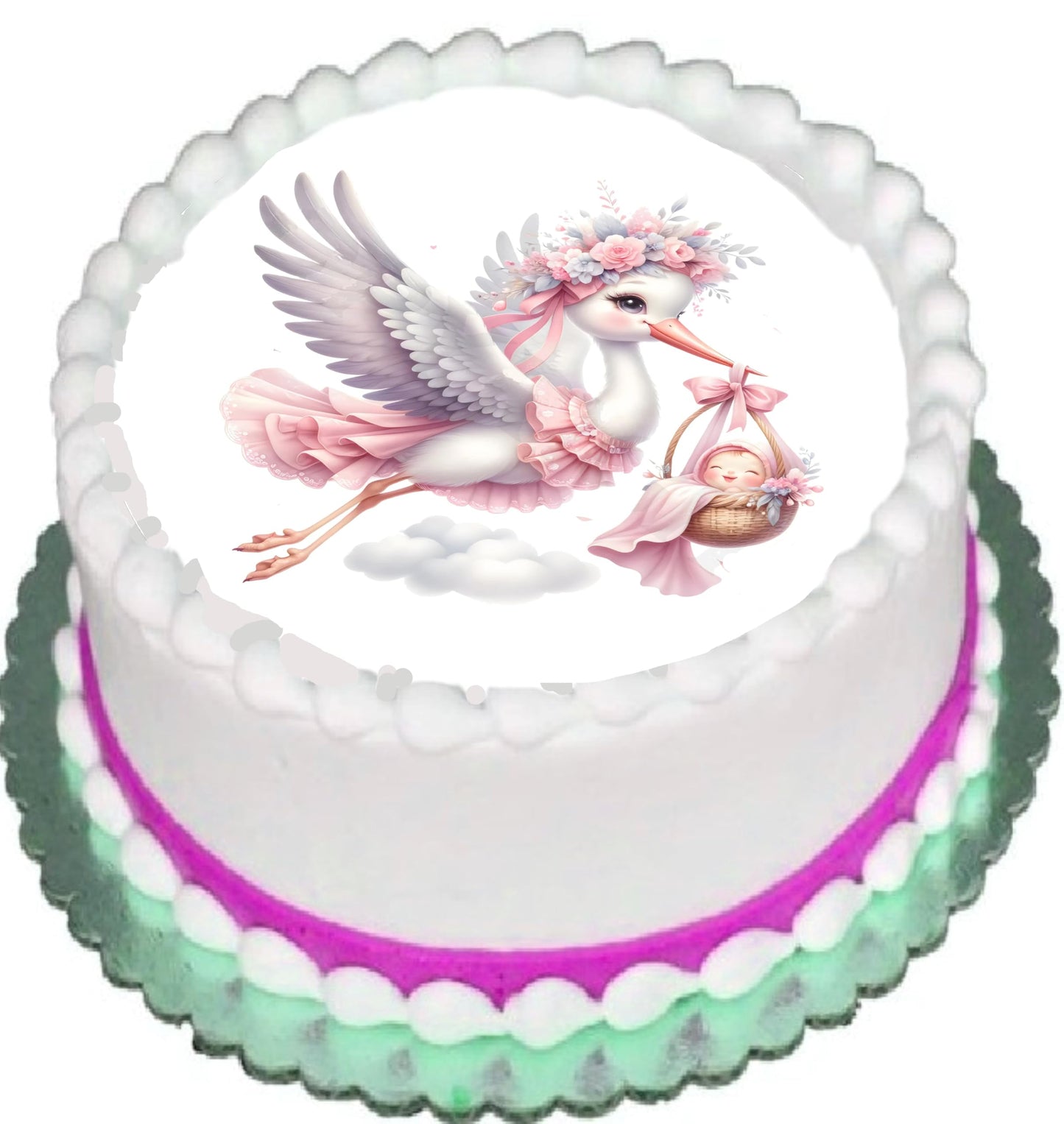 Edible Icing Images Cake Topper with Stork baby Girl Arrival Announcement Design