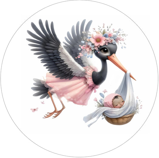 Edible Icing Images Cake Topper with Stork baby Girl delivery Announcement Design