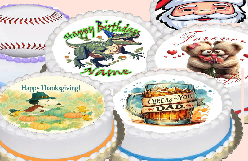 Collection of personalized birthday and holiday-themed Edible Icing Image cake toppers huge selections.