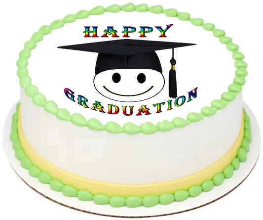 Custom Edible Cake Topper – Happy Face Graduation Design – Pre-cut 8" Round Icing Sheet – RA Pape