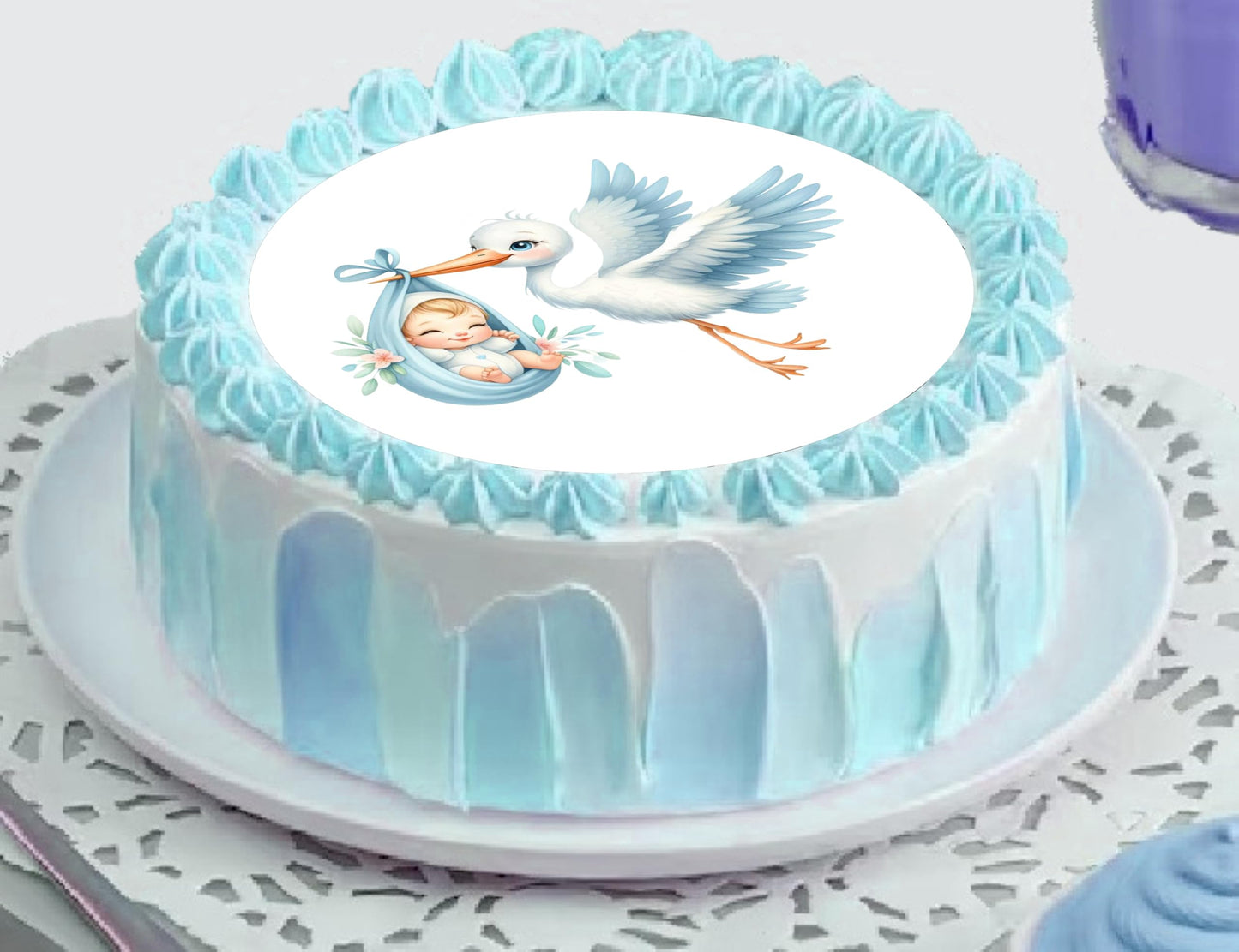 Edible Icing Images Cake Topper Stork Baby Boy Arrival Baby Shower-Announcement-Gender Reveal-themed.