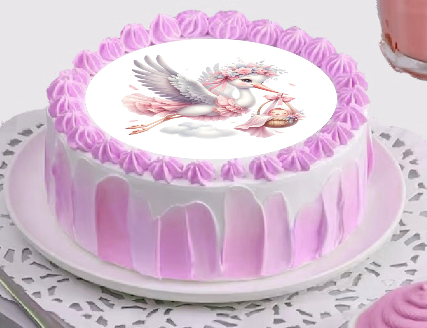 Edible Icing Images Cake Topper Stork baby Girl Arrival Announcement -themed.