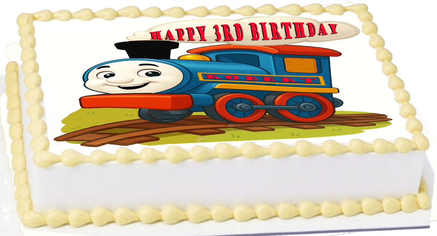 Edible Icing Images Sheet Cake Topper with 'Happy Birthday & Name' Personalized text Thomas Tank Train-themed.