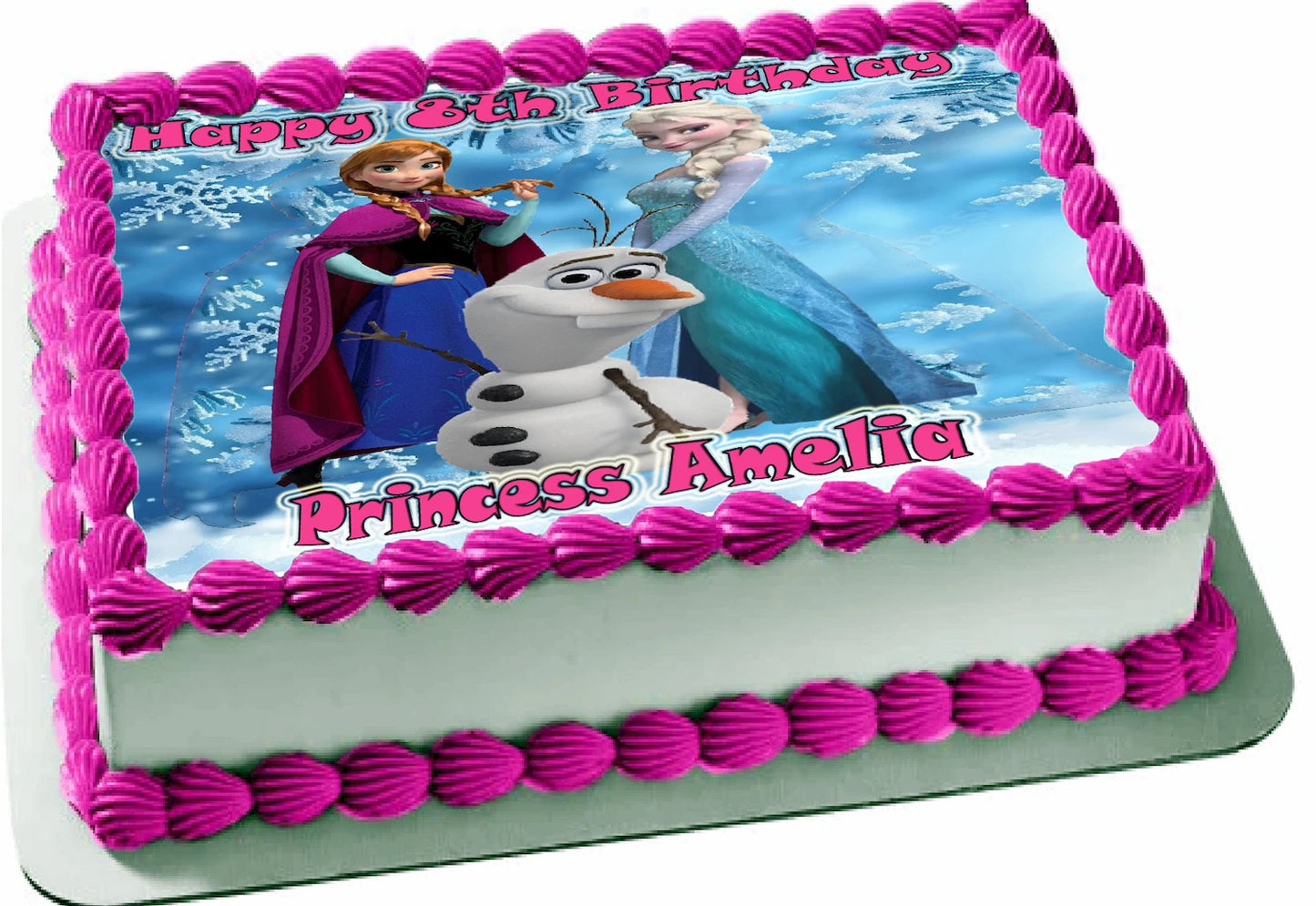 Edible Icing Images Sheet Cake Topper with 'Happy 6th Birthday Princess Amelia' Personalied text and Frozen-themed characters.