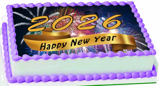 Custom Edible Cake Topper – New Year Fireworks Ribbon Design – 1/4 Sheet Cake (9x13) – Precut Icing Sheet – RA Pape