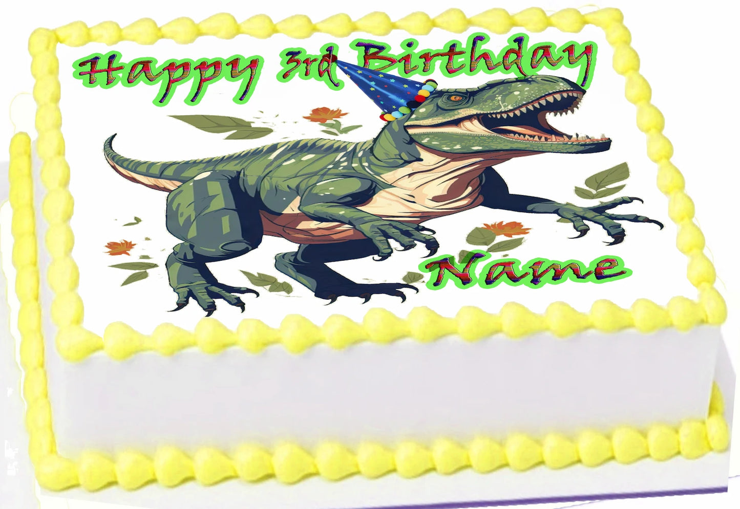 Edible Icing Images Sheet Cake Topper with 'Happy Birthday & Name' Personalized text T-Rex Dinosaur-themed.