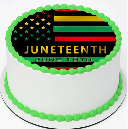 Custom Edible Cake Topper – Juneteenth Pride flag Design – Pre-cut 8" Round Icing Sheet – RA Pape