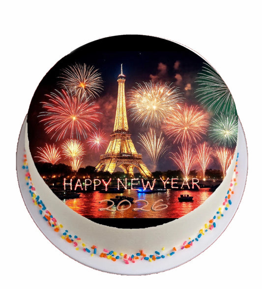 Custom Edible Cake Topper – New Year Eiffel Tower Design – Pre-cut 8" Round Icing Sheet – RA Pape