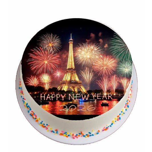 New Year's Edible Icing Cake Topper – Eiffel Tower 8" Round on a round cake.