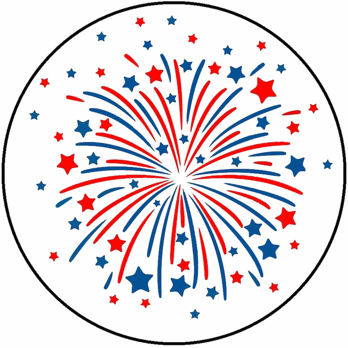 Circular design with red, blue, and white fireworks and stars on a white background