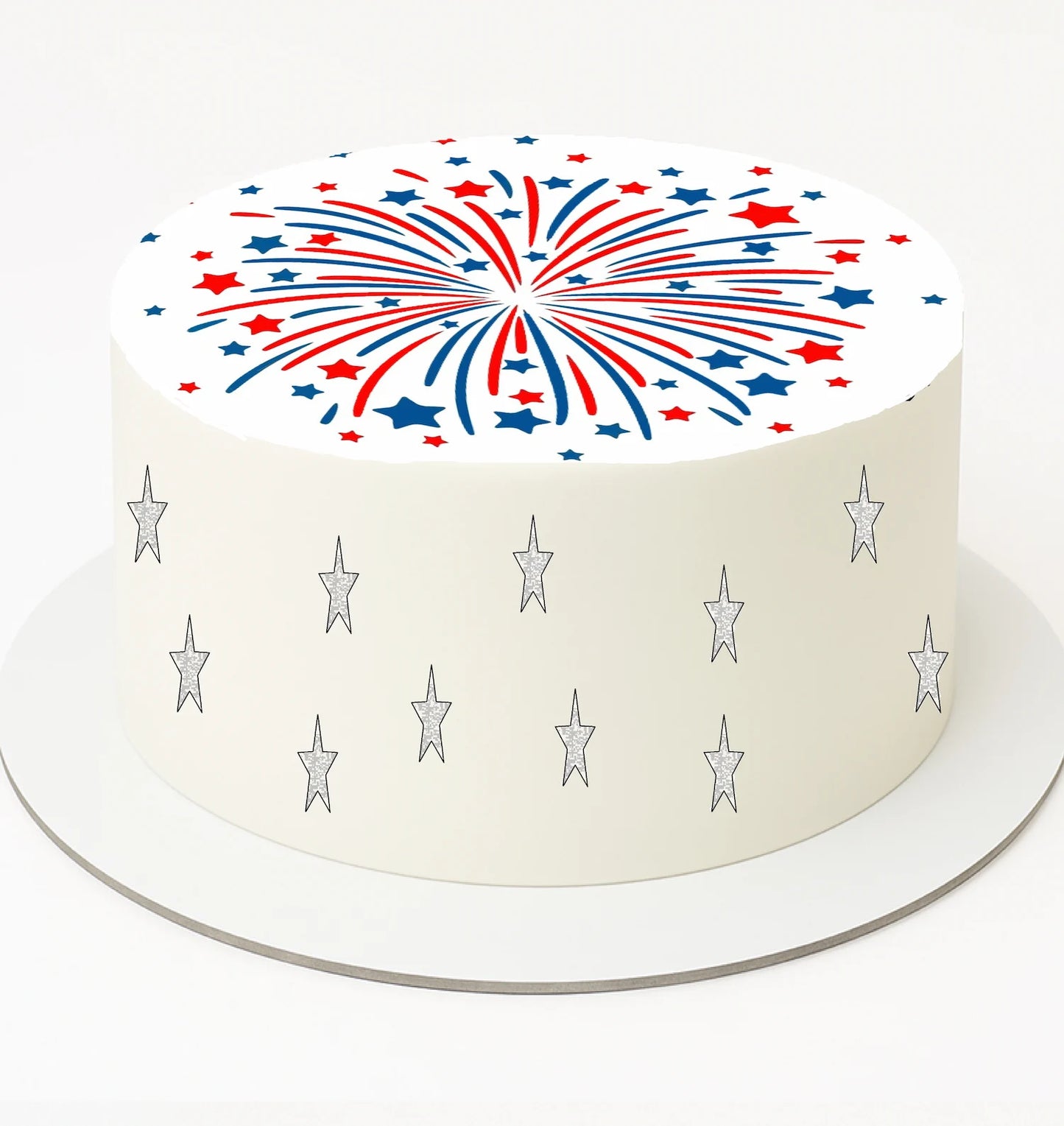 Cake with red, white, and blue starburst design on a white background