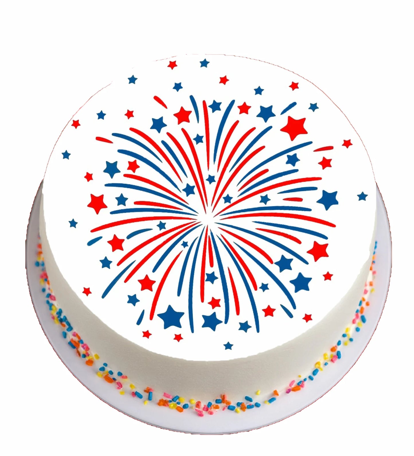 Cake topper with red, blue, and white fireworks design on a white background