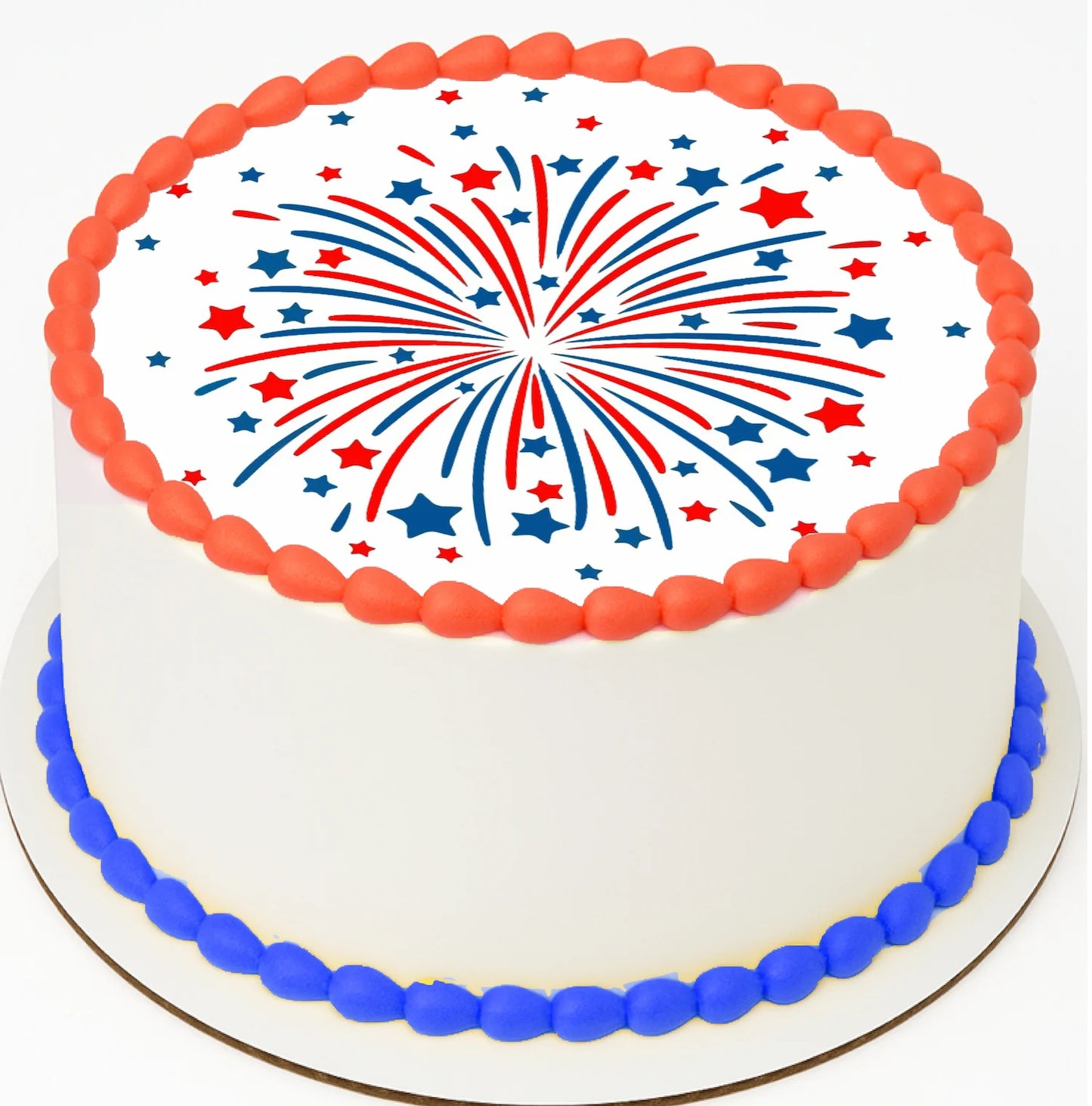 Cake with red, white, and blue decorations on a white background