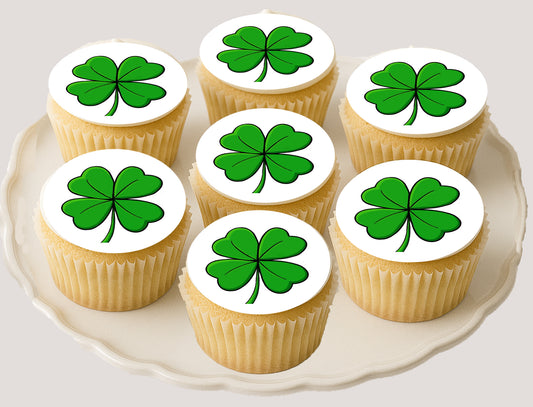 Get your Irish on With 4 Leaf Clover St. Paddy Day Edible Image Cookie & Cupcake Toppers on a plate of cupcakes