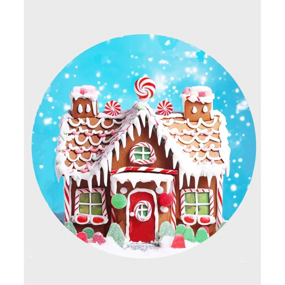 Gingerbread House Christmas edible icing round cake topper design.