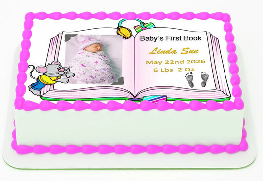 Girl Baby Shower Edible Image Cake Topper -First Book- Icing Sheet