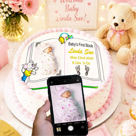 Girl Baby Shower Edible Image Cake Topper -First Book- Precut 8" Icing Sheet