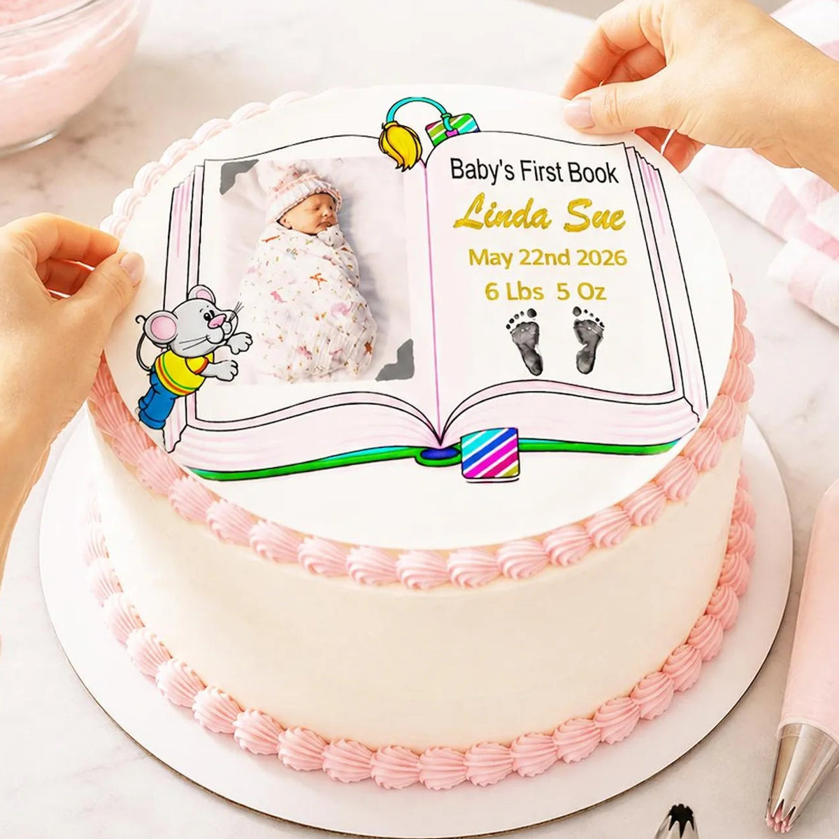Girl Baby Shower Edible Image Cake Topper -First Book- Precut 8" Icing Sheet
