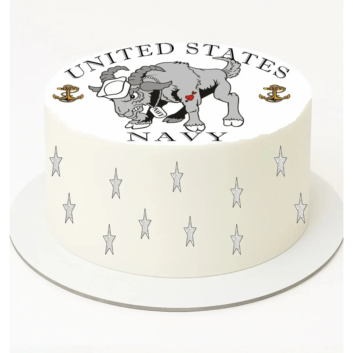 Navy Goat Edible Icing Cake Topper – 8-Inch Round on a round cake.