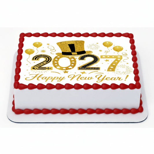 New Year Edible Image Cake Topper – Golden Top Hat Design – 1/4 Icing Sheet – RA Pape