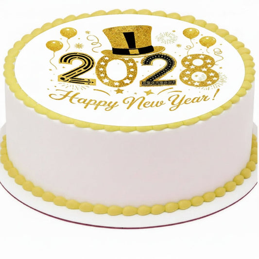 New Year Edible Image Cake Topper – Golden Top Hat Design – Precut 8" Icing Sheet – RA Pape