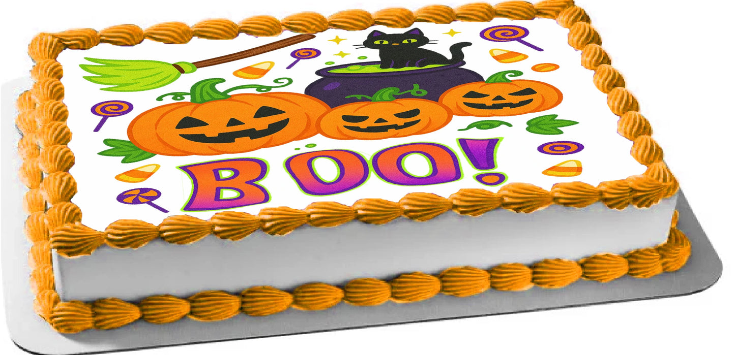 Halloween Edible Image Topper, a black cat, and the word 'BOO!' on a white background.