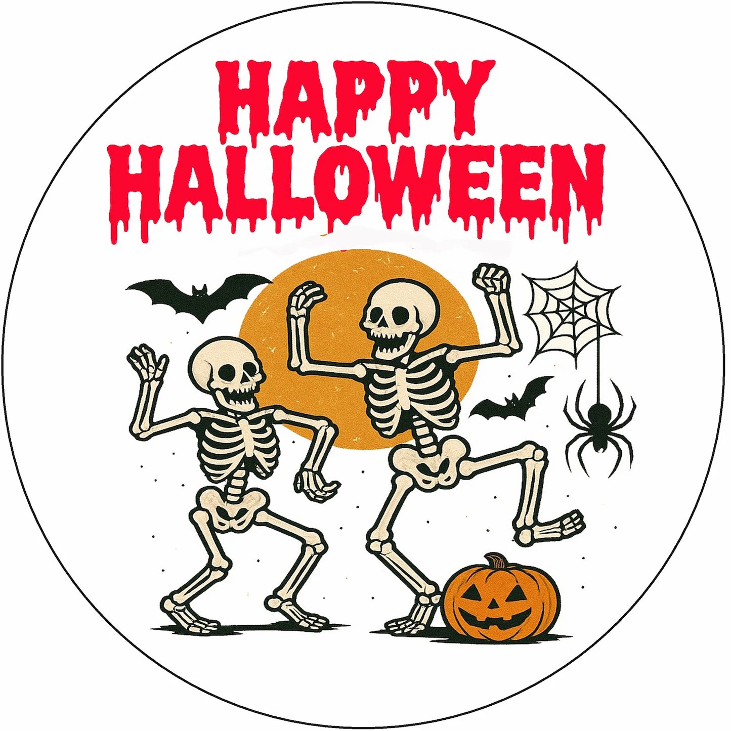 Happy Halloween Dancing Skeleton Edible Icing Images Cake Topper design with skeletons, pumpkins, bats, and a spider.