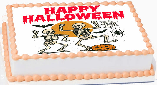 Halloween-themed Edible IImage topper with skeletons and pumpkins