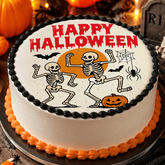 Halloween Edible Image Cake Topper – Dancing Skeletons Design – Precut 8" Icing Sheet – RA Pape