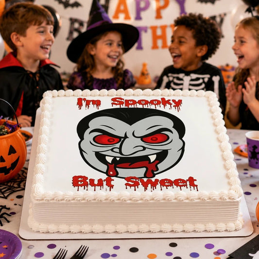 Halloween Edible Image Cake Topper – Vampire Spooky but Sweet Design – 1/4 Icing Sheet – RA Pape