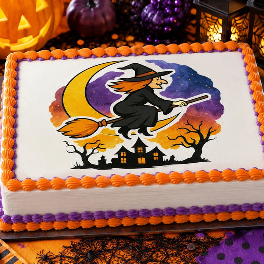 Halloween Edible Image Cake Topper – Witches Night Ride Design – 1/4 Icing Sheet – RA Pape
