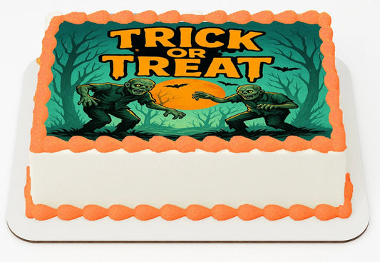 Halloween Edible Image Cake Topper – Zombies Need Treats Too Design – 1/4 Icing Sheet – RA Pape