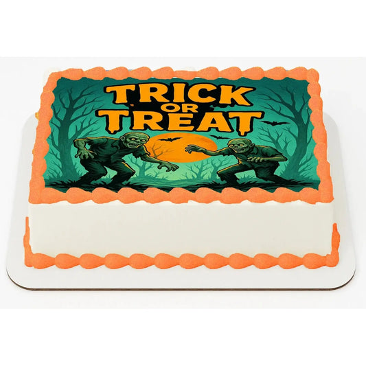 Halloween Zombies Need Treats Too Edible Icing Sheet Cake Topper, on an orange-trimmed sheet cake.