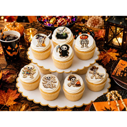 Halloween Skeleton Crew Edible Cookie & Cupcake Toppers, cupcakes at a Halloween celebration.