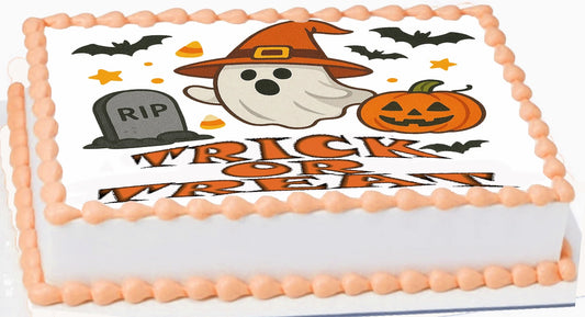 Halloween-themed Edible Icing Image cake topper with ghost, pumpkin, and 'Trick or Treat' text.