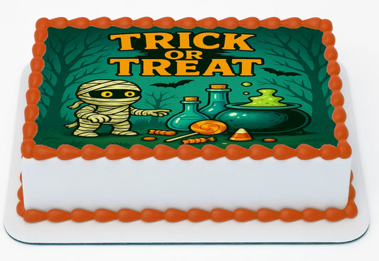 Halloween-themed Edible Image with ghost, pumpkin, and 'Trick or Treat' text