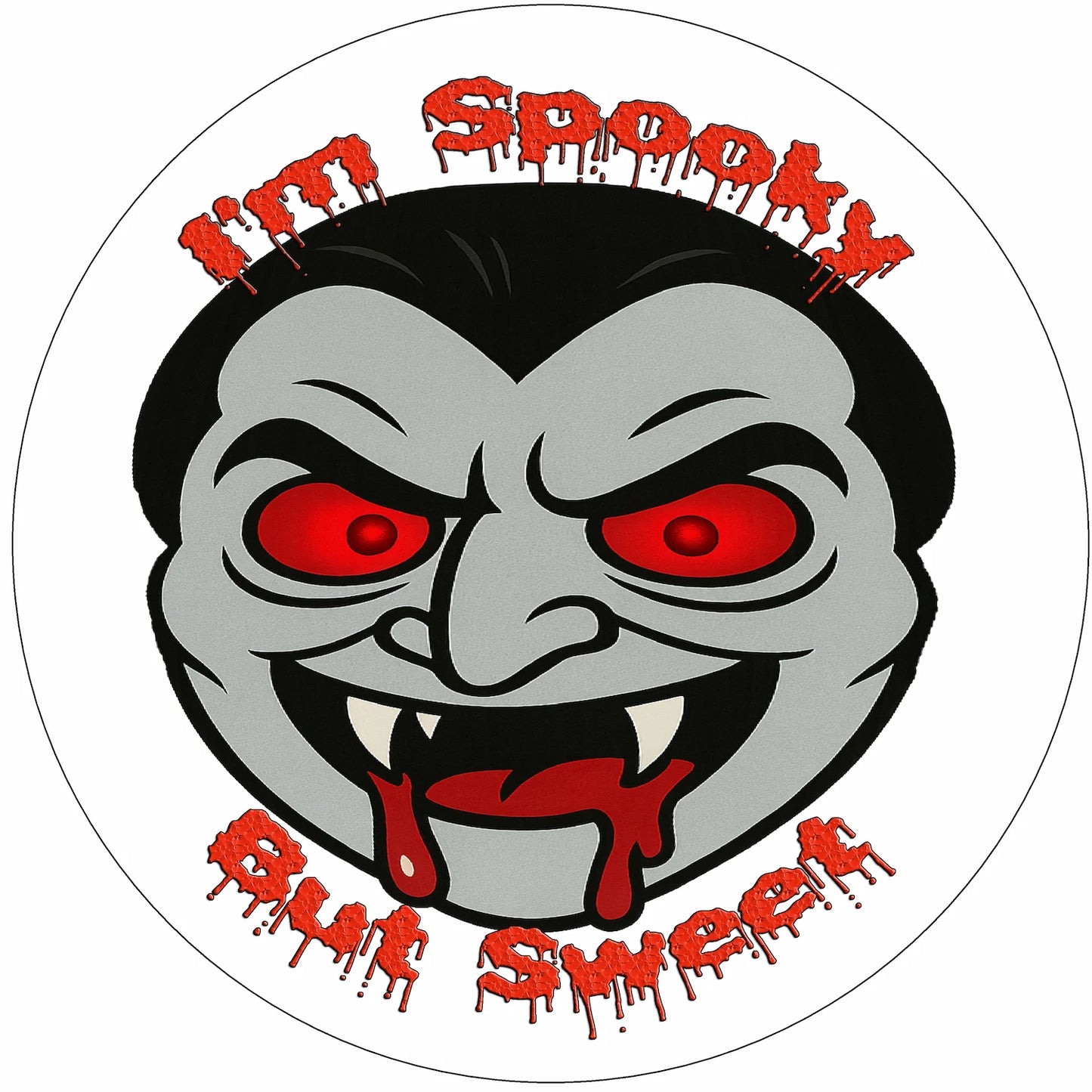 Cartoonish vampire face with red eyes and text 'I'm Spooky But Sweet' edible icing image