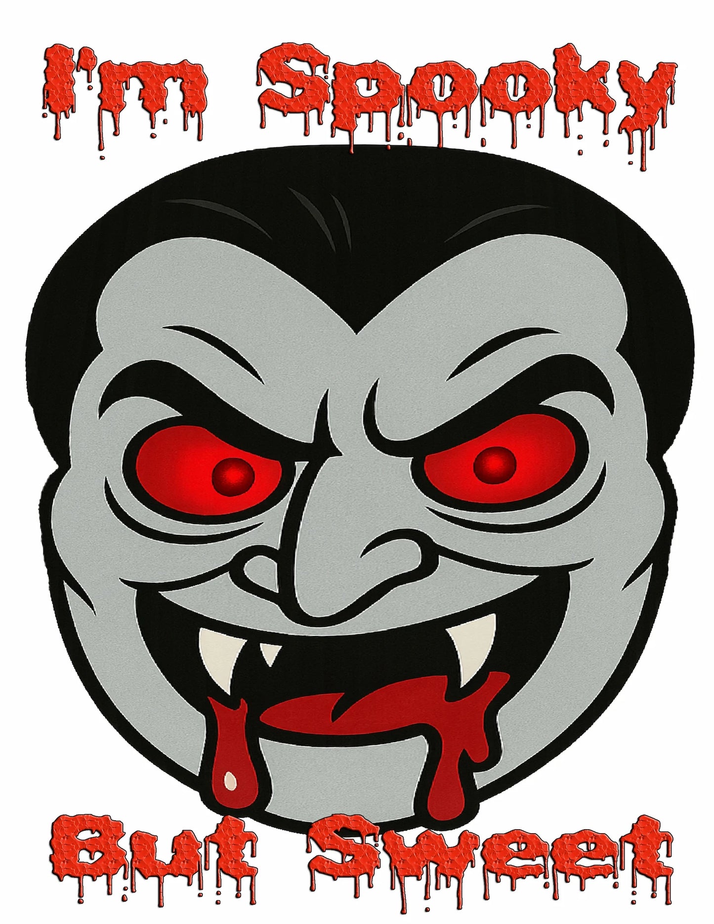 Cartoon vampire face with red eyes and fangs, text 'I'm Spooky But Sweet' edible image