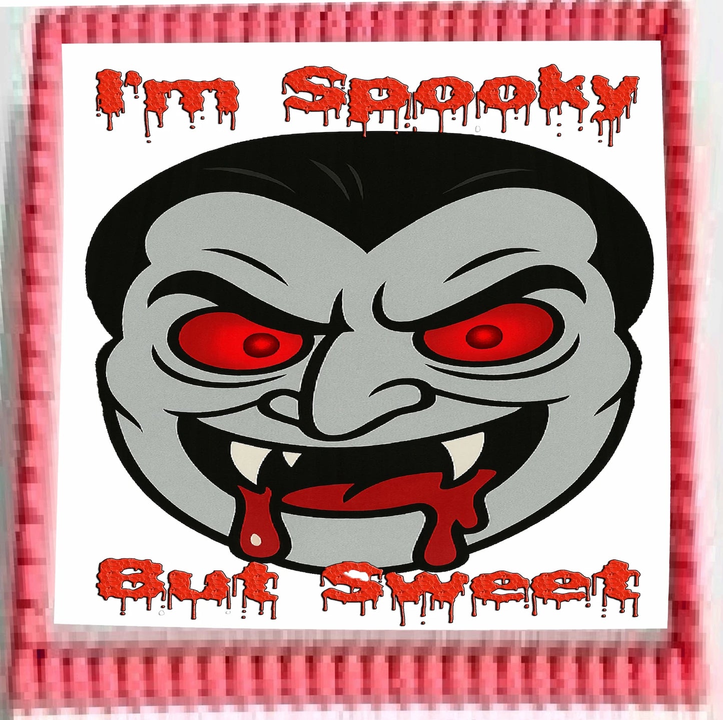 Cartoonish vampire face with red eyes and fangs. Edible ICing Images Cake Topper