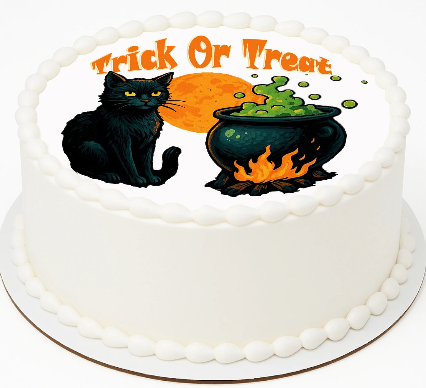 Halloween-themed edible icing image cake with black cat, pumpkin, and cauldron design