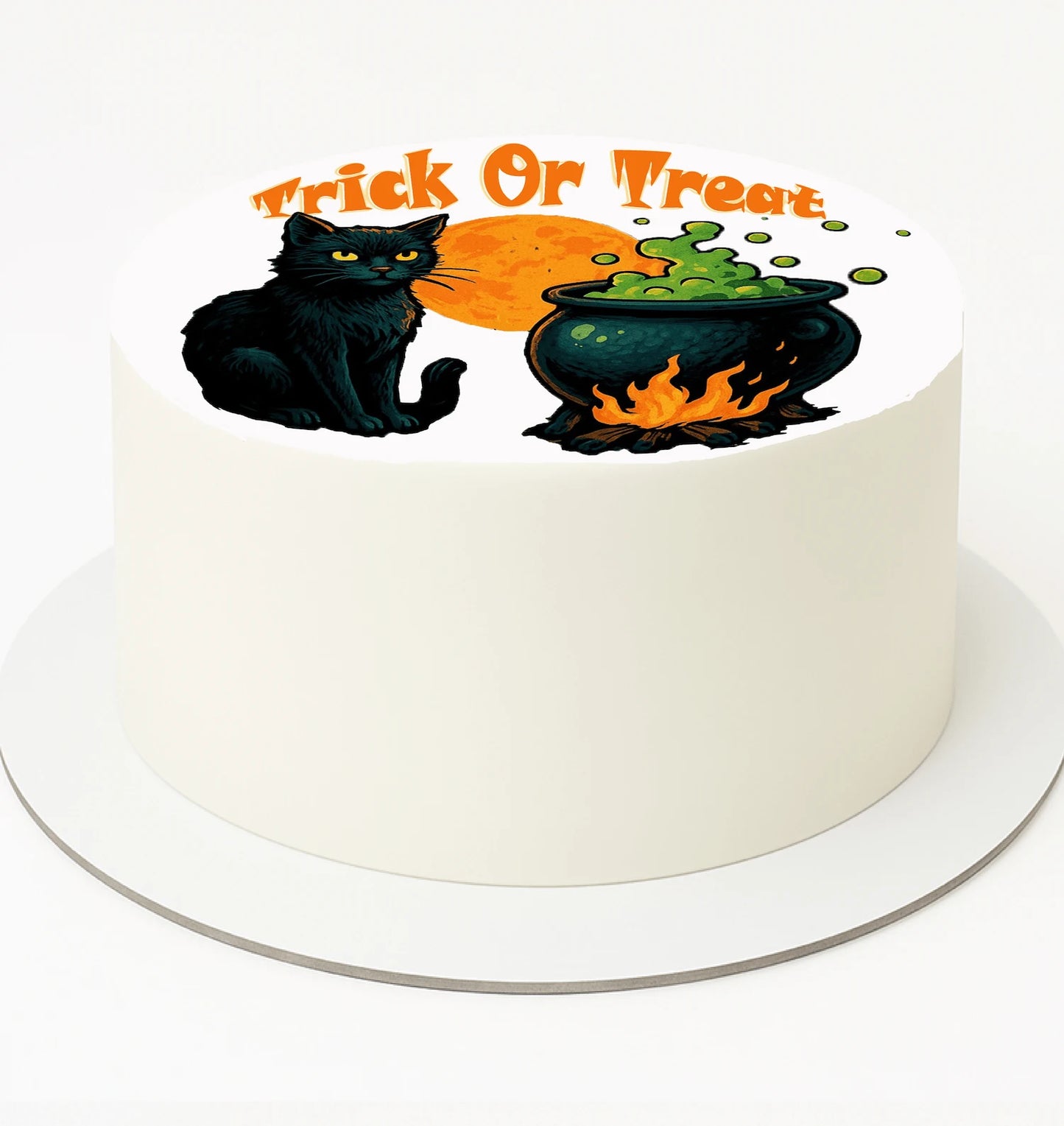 Halloween-themed cake topper with black cat, cauldron, and pumpkin